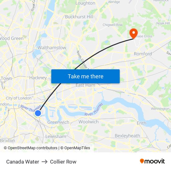 Canada Water to Collier Row map