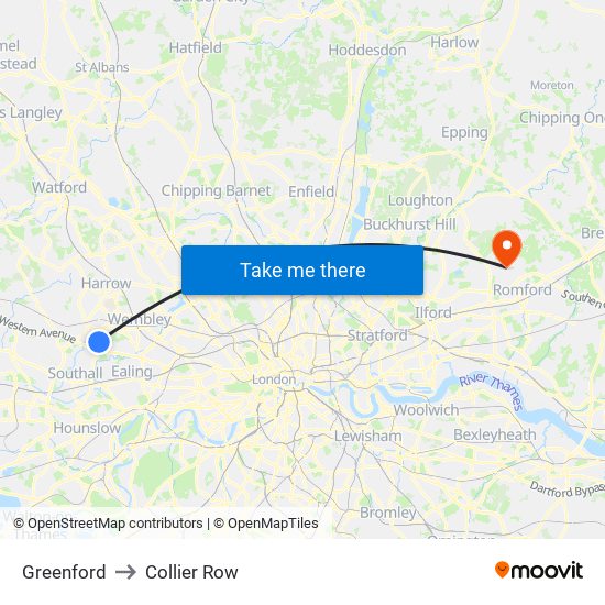 Greenford to Collier Row map