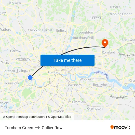 Turnham Green to Collier Row map