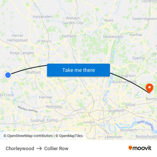 Chorleywood to Collier Row map