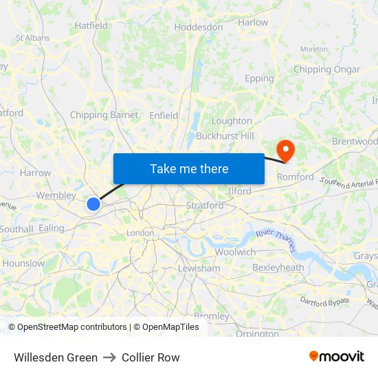 Willesden Green to Collier Row map