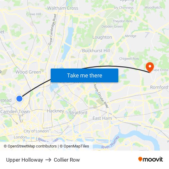 Upper Holloway to Collier Row map