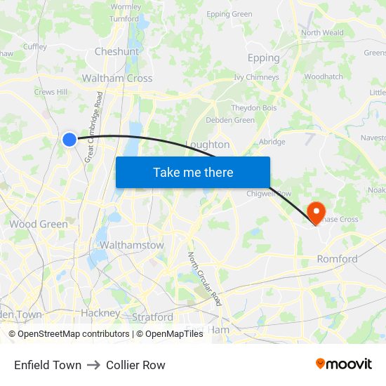 Enfield Town to Collier Row map