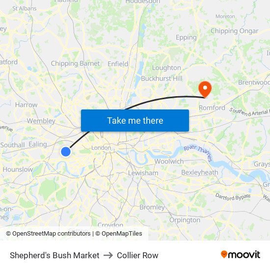 Shepherd's Bush Market to Collier Row map