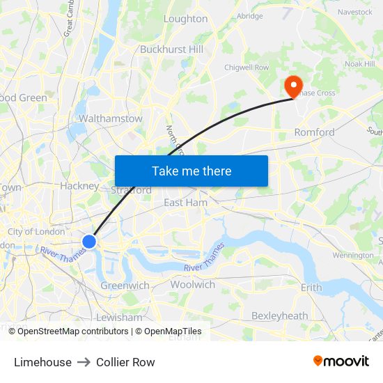 Limehouse to Collier Row map