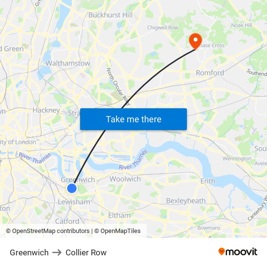 Greenwich to Collier Row map