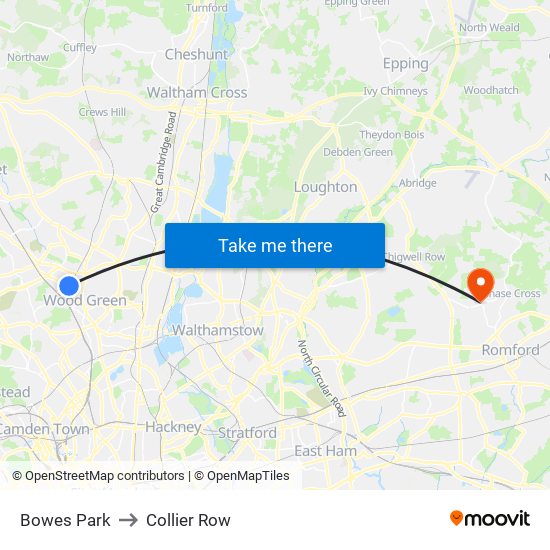 Bowes Park to Collier Row map