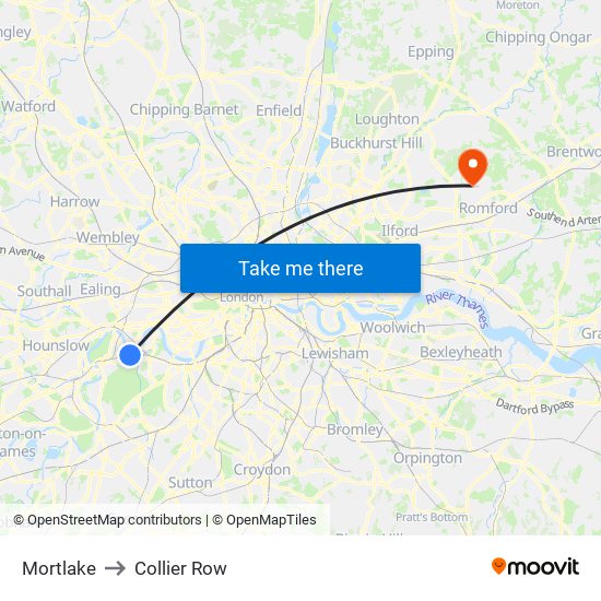 Mortlake to Collier Row map