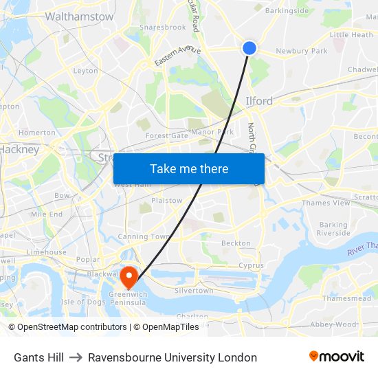 Gants Hill to Ravensbourne University London map
