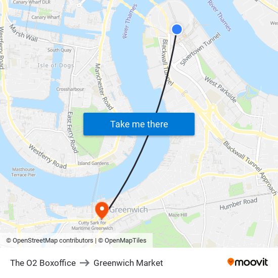 The O2 Boxoffice to Greenwich Market map