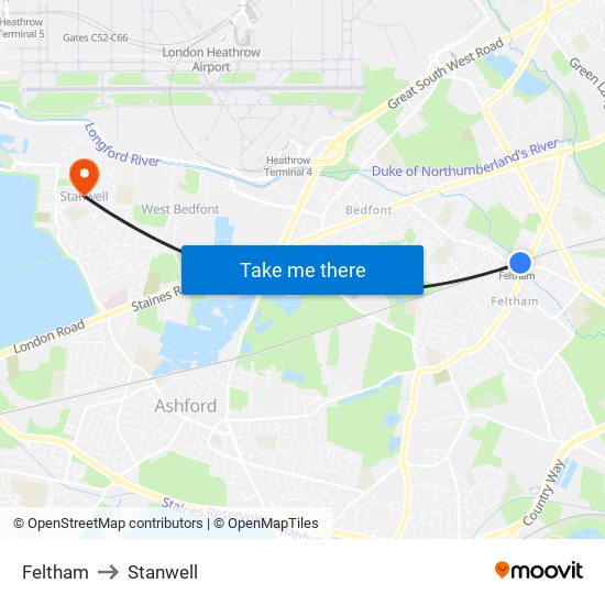 Feltham to Stanwell map