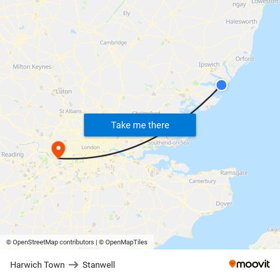 Harwich Town to Stanwell map