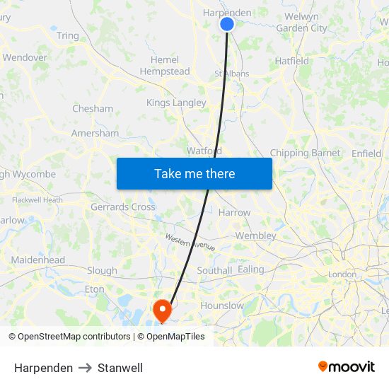 Harpenden to Stanwell map