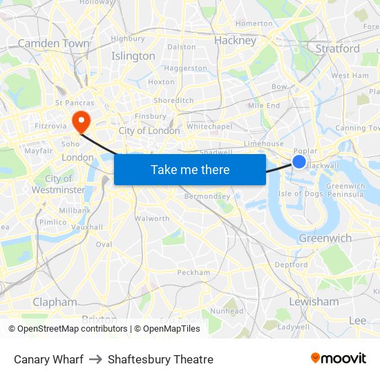 Canary Wharf to Shaftesbury Theatre map