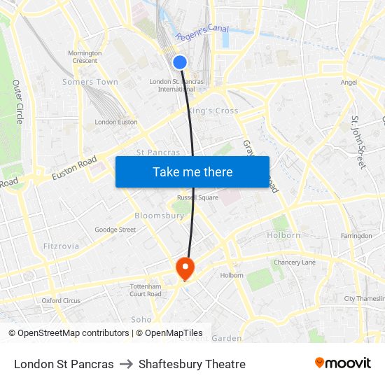 London St Pancras to Shaftesbury Theatre map