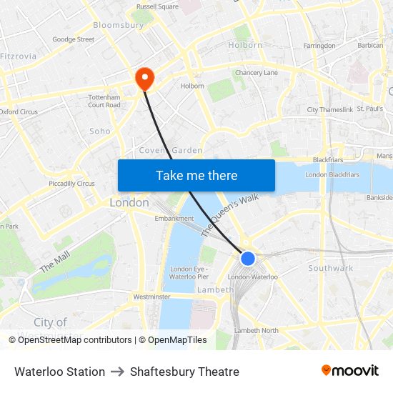 Waterloo Station to Shaftesbury Theatre map