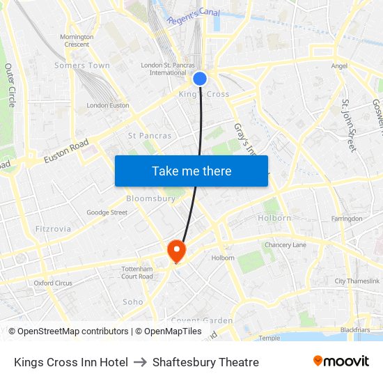Kings Cross Inn Hotel to Shaftesbury Theatre map