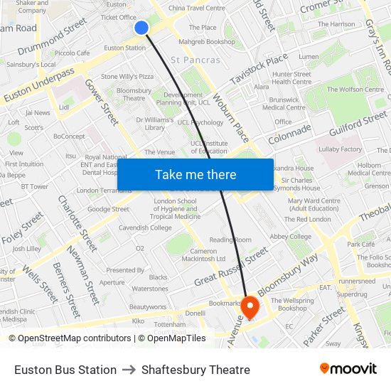 Euston Bus Station to Shaftesbury Theatre map