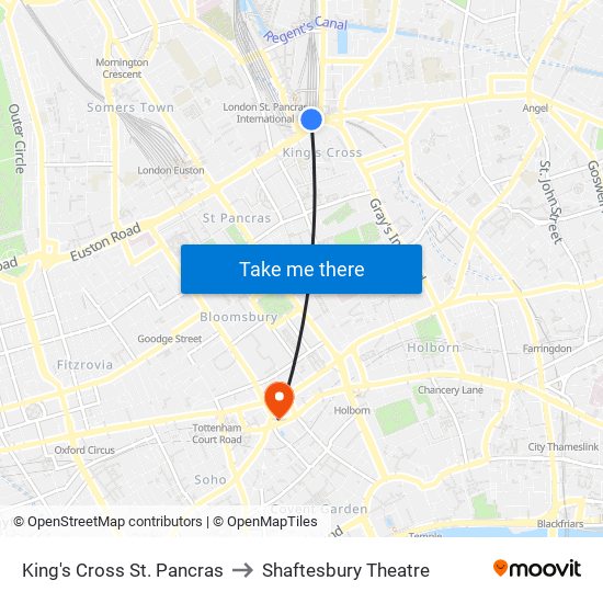 King's Cross St. Pancras to Shaftesbury Theatre map