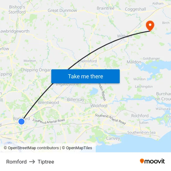 Romford to Tiptree map