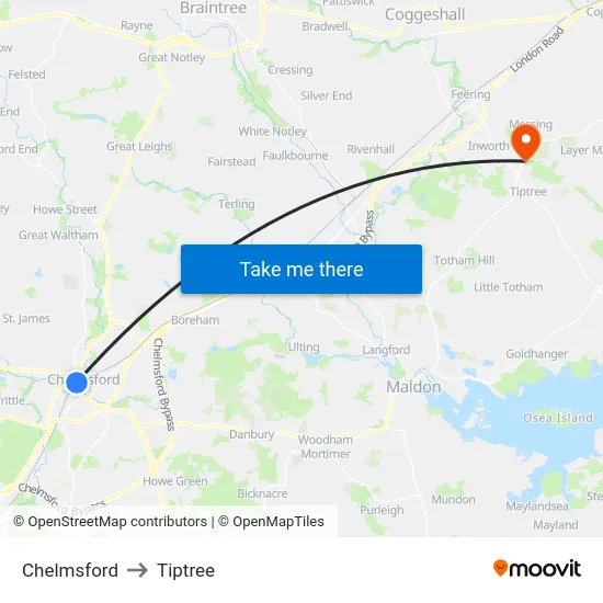 Chelmsford to Tiptree map