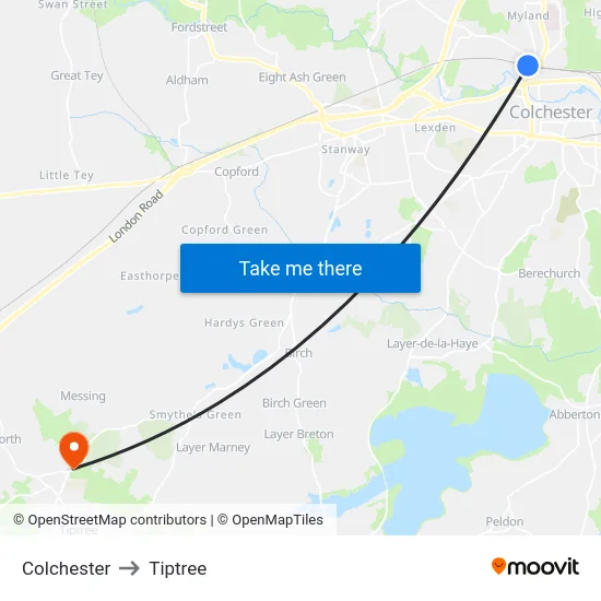 Colchester to Tiptree map