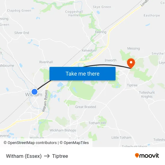 Witham (Essex) to Tiptree map