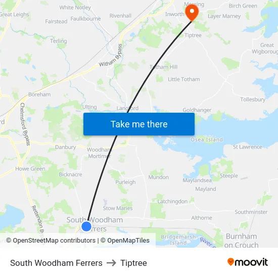 South Woodham Ferrers to Tiptree map