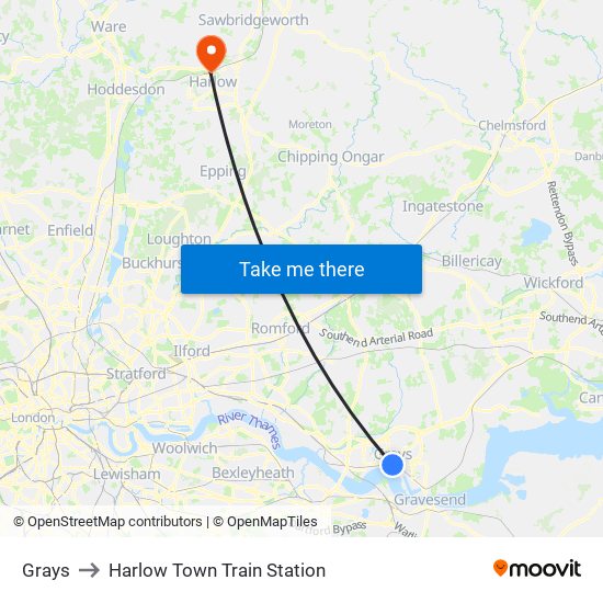 Grays to Harlow Town Train Station map
