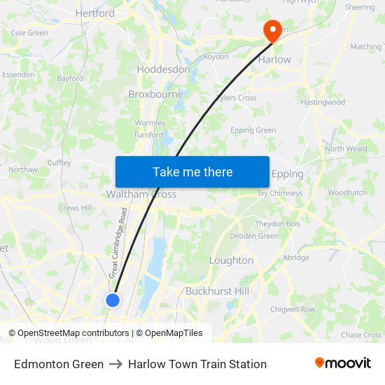 Edmonton Green to Harlow Town Train Station map