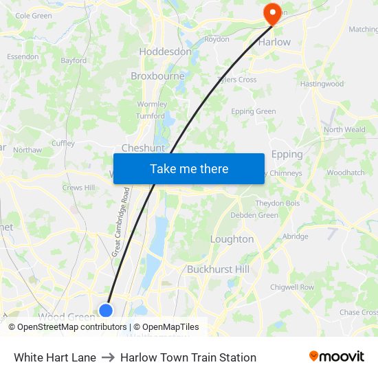 White Hart Lane to Harlow Town Train Station map