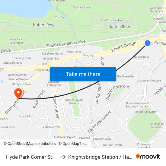 Hyde Park Corner Station to Knightsbridge Station / Harrods map