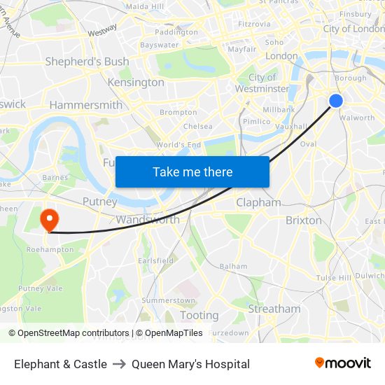 Elephant & Castle to Queen Mary's Hospital map