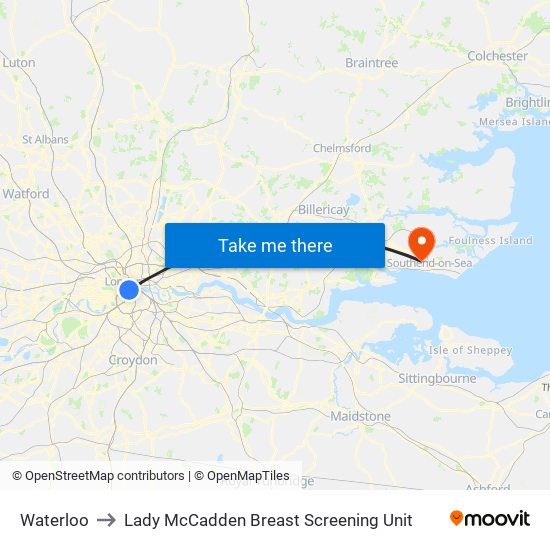 Waterloo to Lady McCadden Breast Screening Unit map