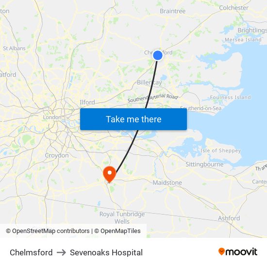 Chelmsford to Sevenoaks Hospital map