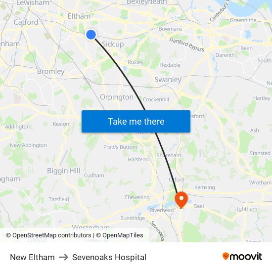 New Eltham to Sevenoaks Hospital map