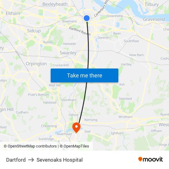 Dartford to Sevenoaks Hospital map
