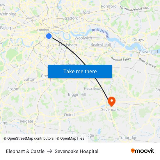 Elephant & Castle to Sevenoaks Hospital map