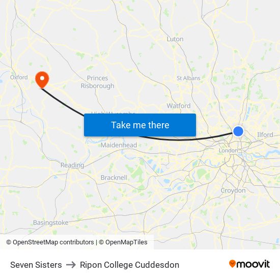 Seven Sisters to Ripon College Cuddesdon map