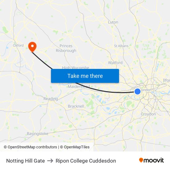 Notting Hill Gate to Ripon College Cuddesdon map