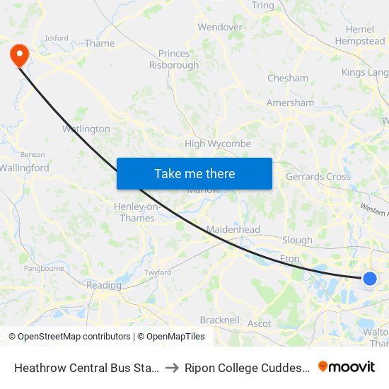 Heathrow Central Bus Station to Ripon College Cuddesdon map