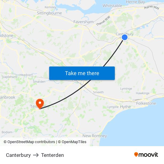 Canterbury to Tenterden map