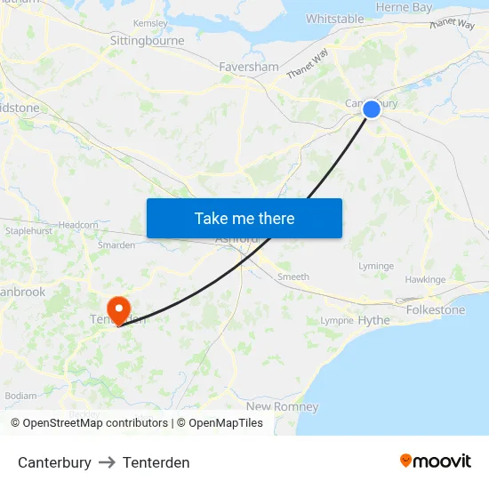 Canterbury to Tenterden map