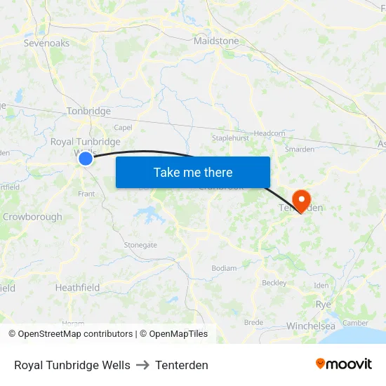 Royal Tunbridge Wells to Tenterden map