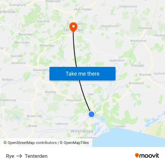 Rye to Tenterden map