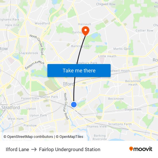 Ilford Lane to Fairlop Underground Station map