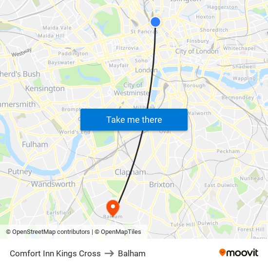 Comfort Inn Kings Cross to Balham map