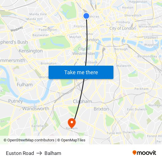 Euston Road to Balham map