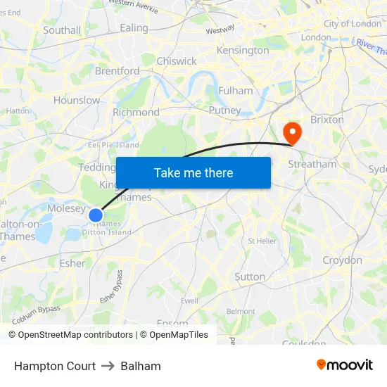 Hampton Court to Balham map