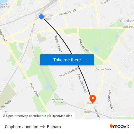 Clapham Junction to Balham map